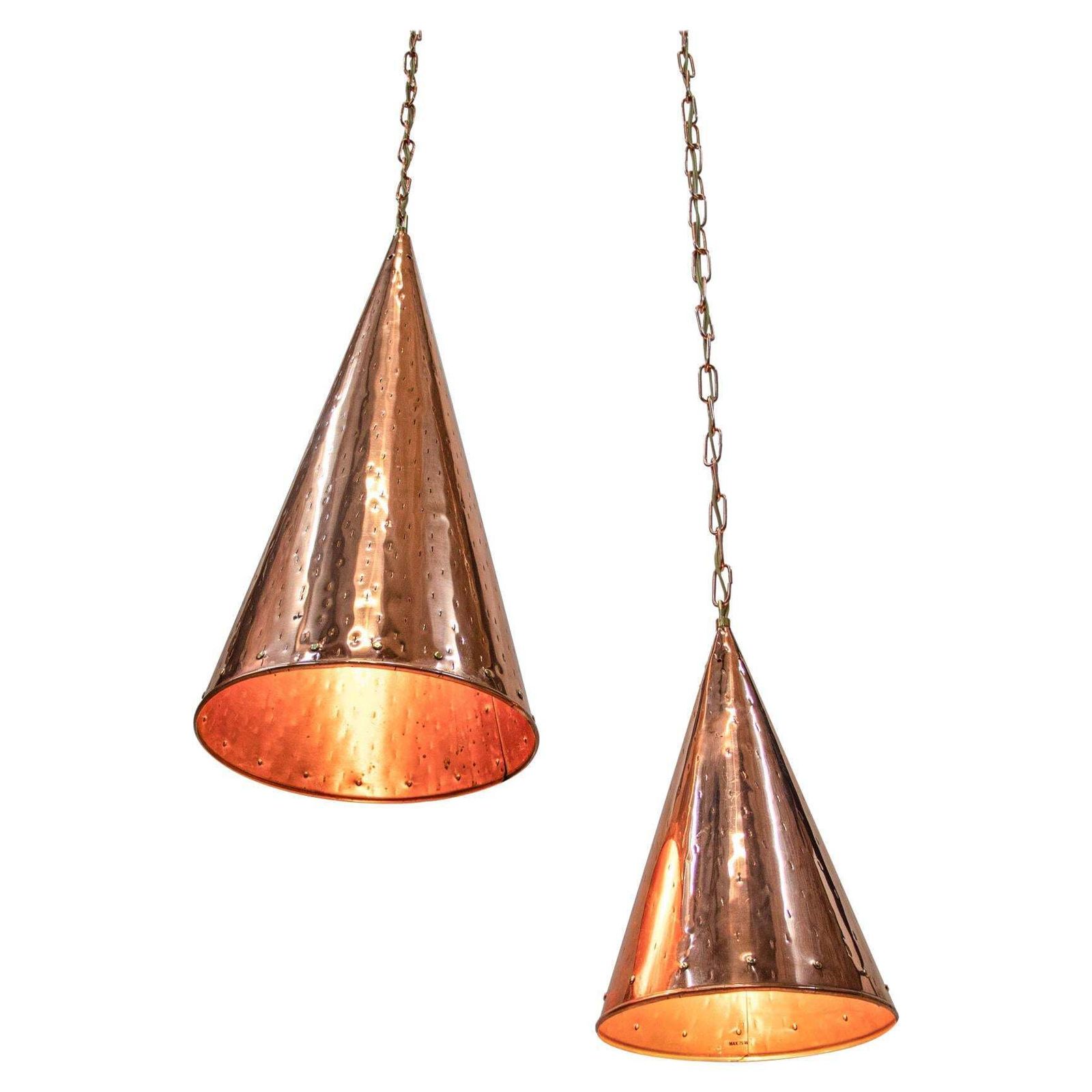 Pair Of Danish Hammered Copper Cone Pendant Lamps By E.S Horn Aalestrup, 1950s