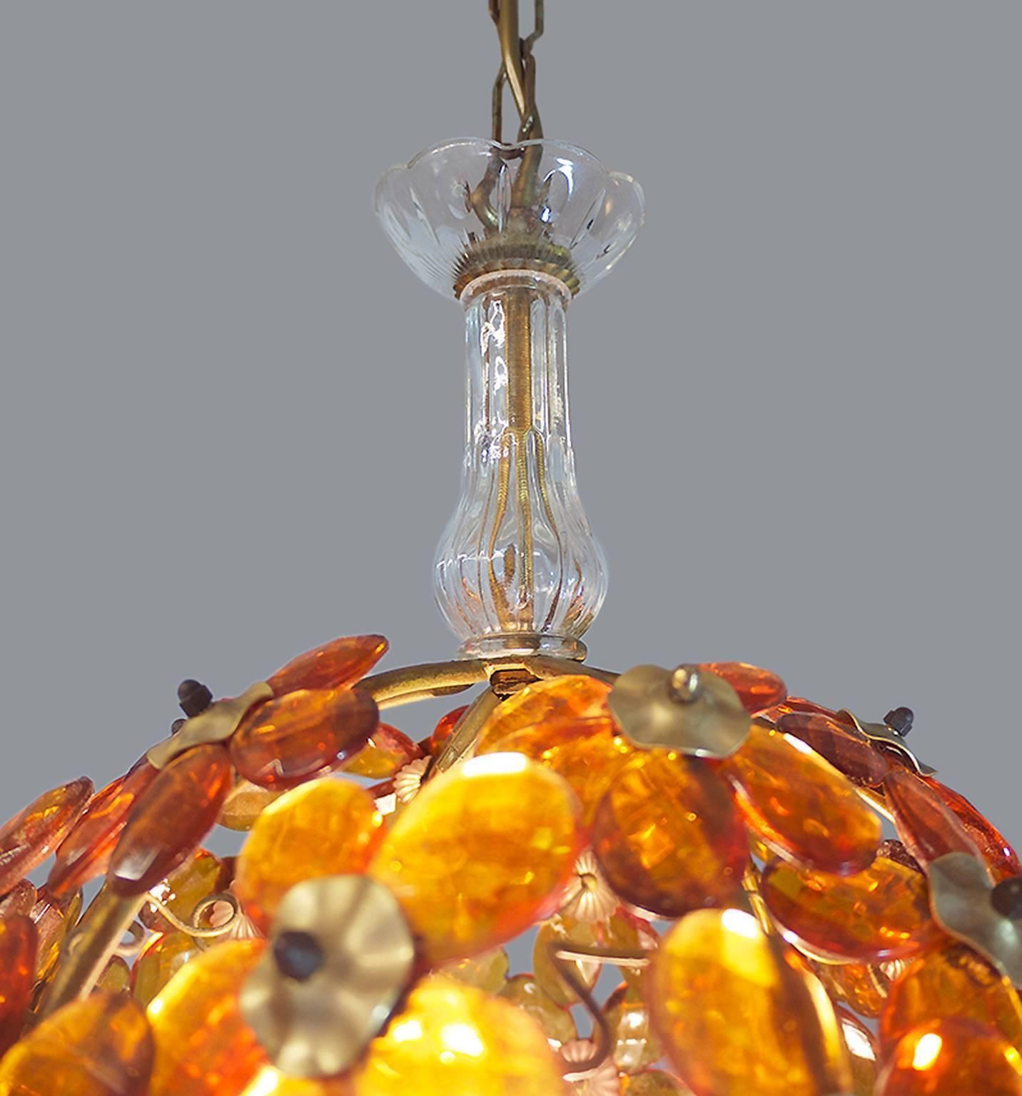 1950 France Maison Bagues Amber Chandelier Crystal Flowers & Brass photo for sale