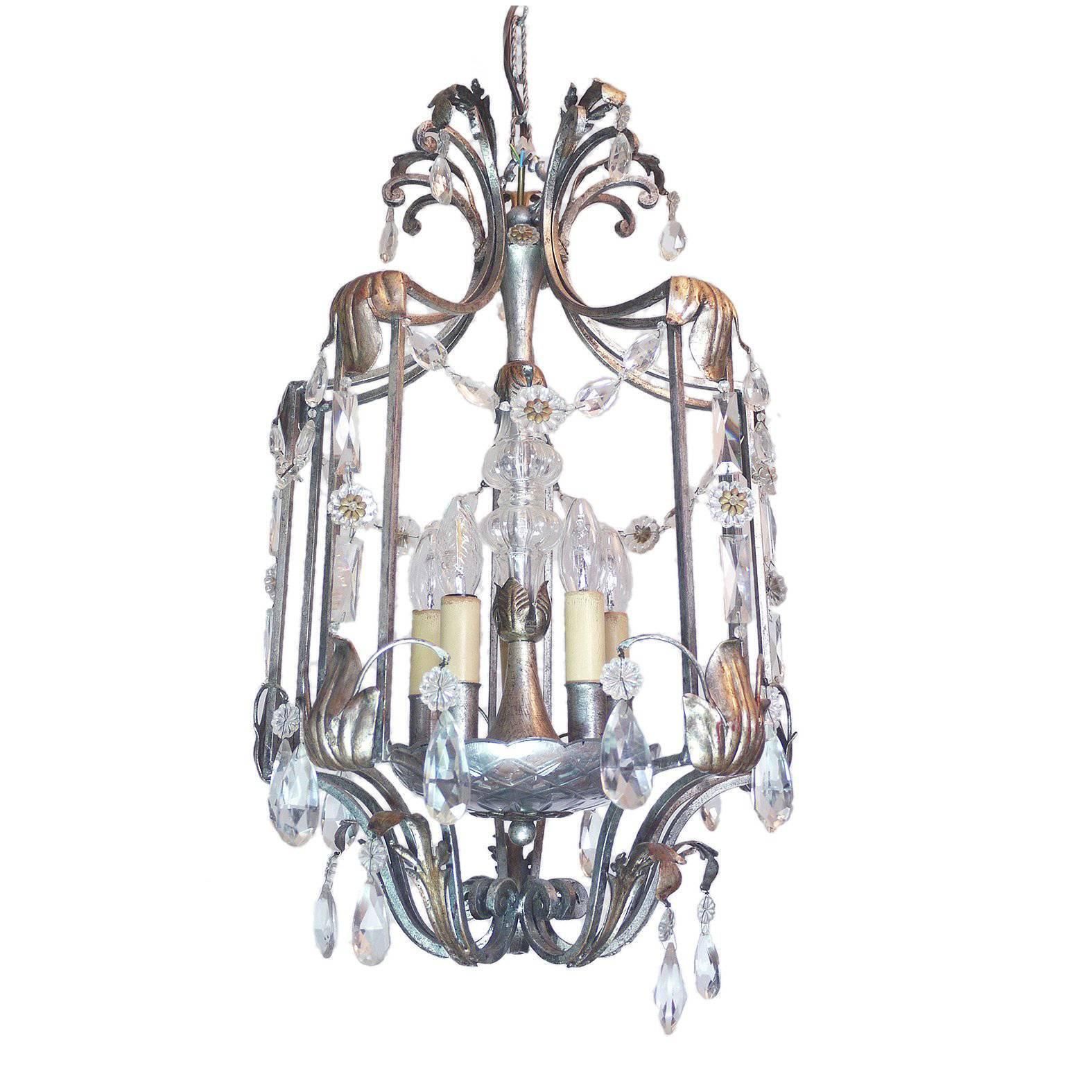 Florentine Chandelier Crystal And Wrought Iron Lantern By Bf Art, Italy