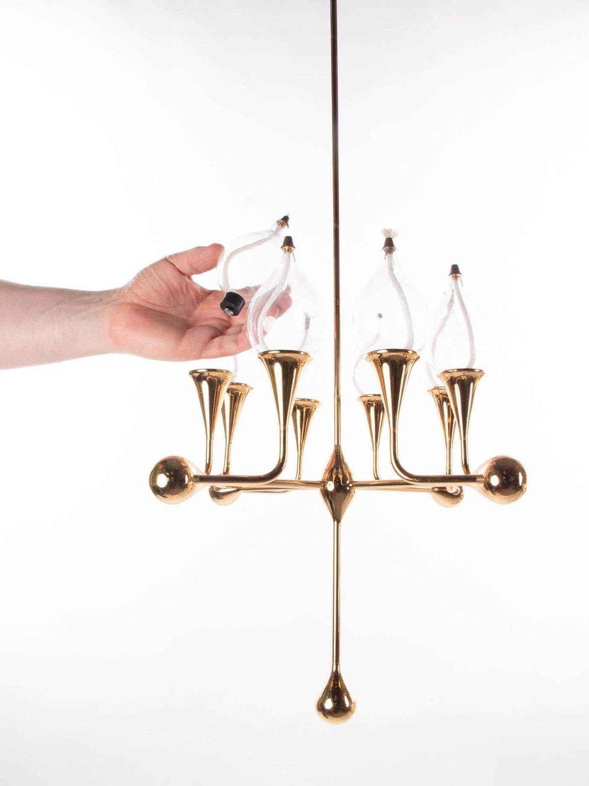 Mid Century Gold Plated Oil Candelabra Chandelier By Freddie Andersen, 1970s photo vinterior