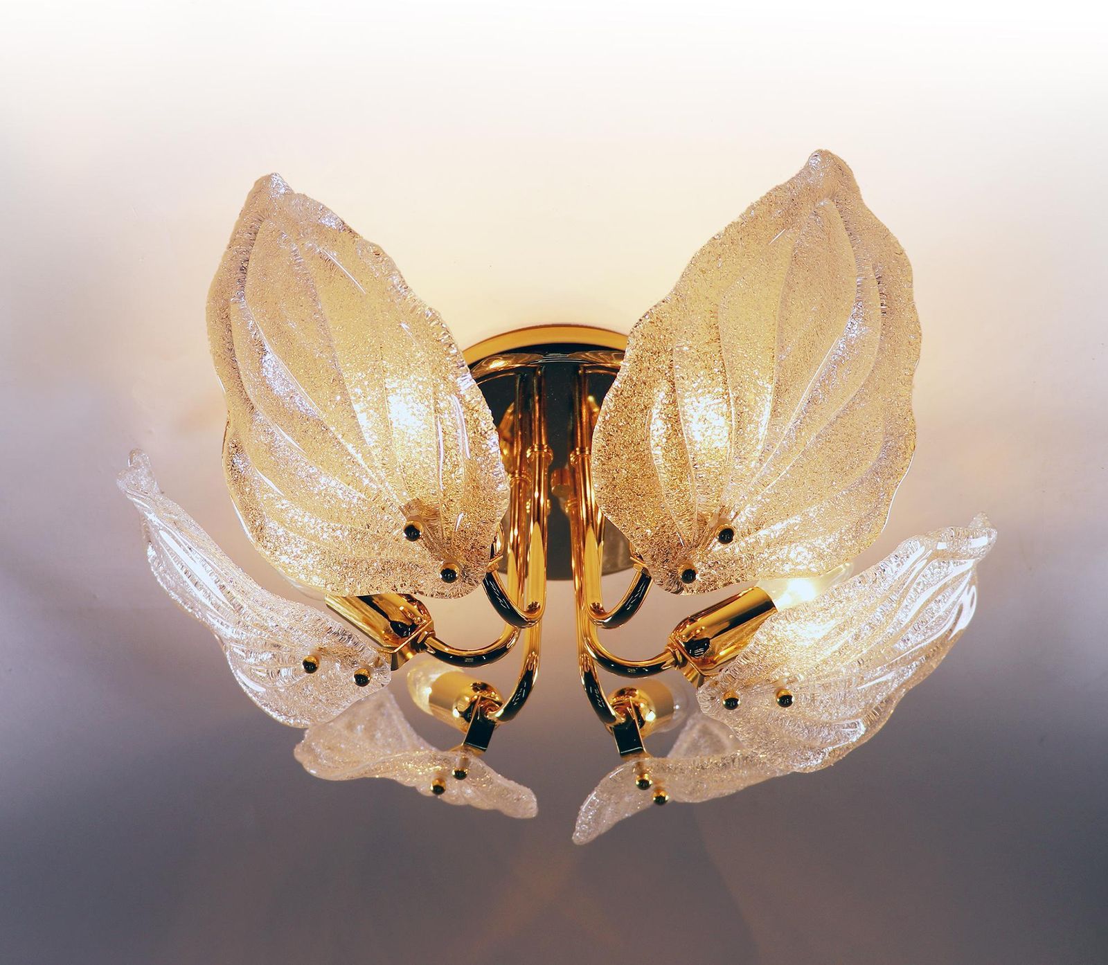 1 'Of 2' Leaf Flush Mount Chandelier Murano Glass & Brass By Novaresi Italy 1970 photo furniture