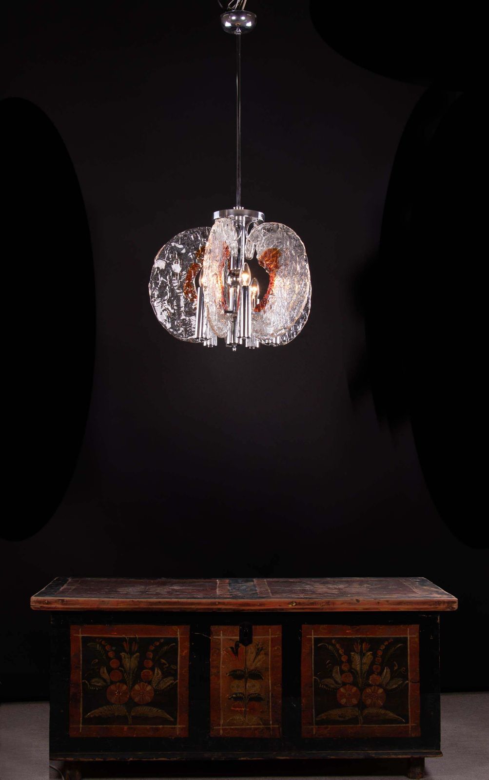 photo furniture 1960 Italy Mazzega Pendant Lamp Murano Glass & Chrome By Carlo Nason