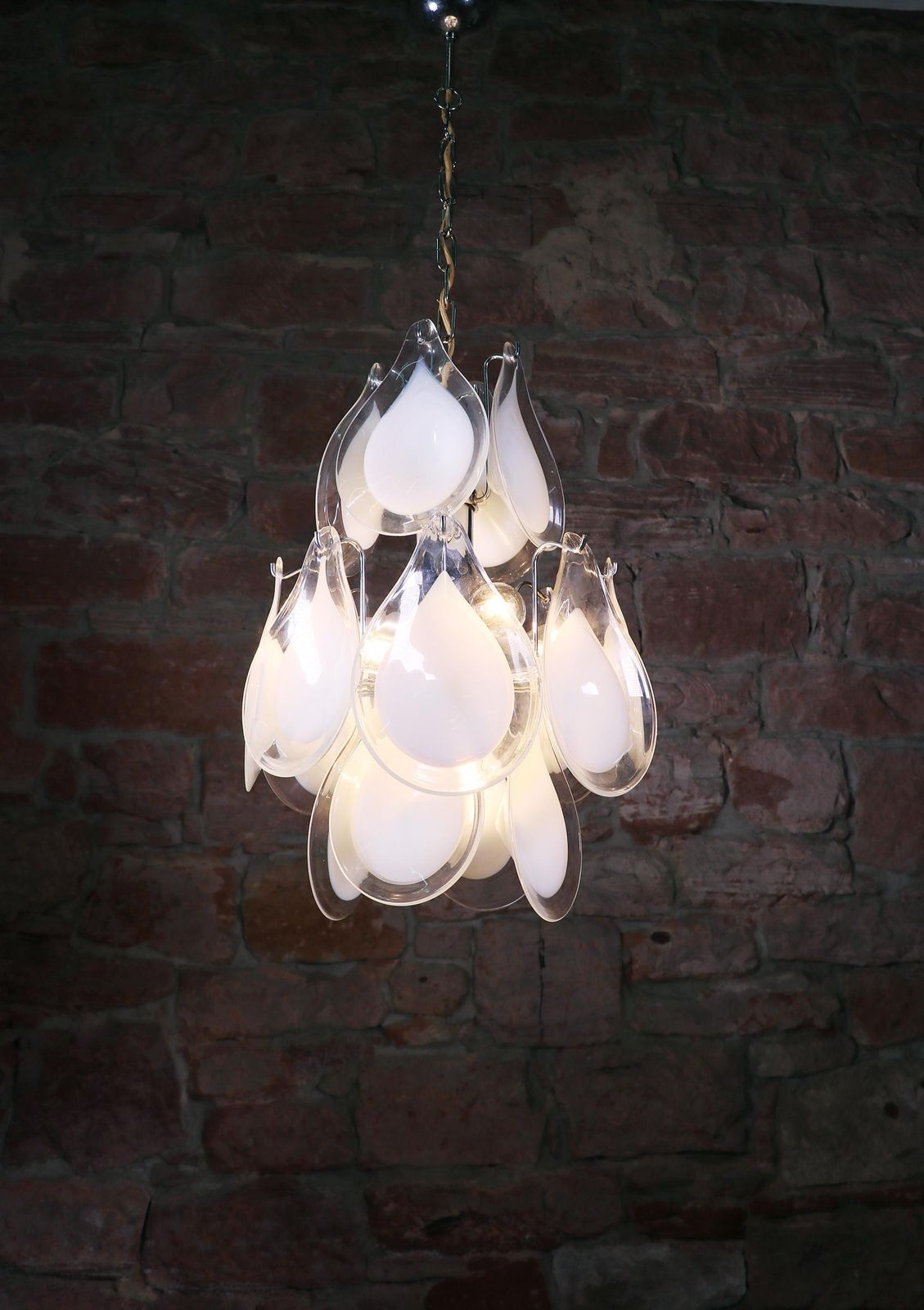 1960 Italy Vistosi Pendant Lamp Murano Glass Petals & Chrome By Gino Vistosi photo for sale