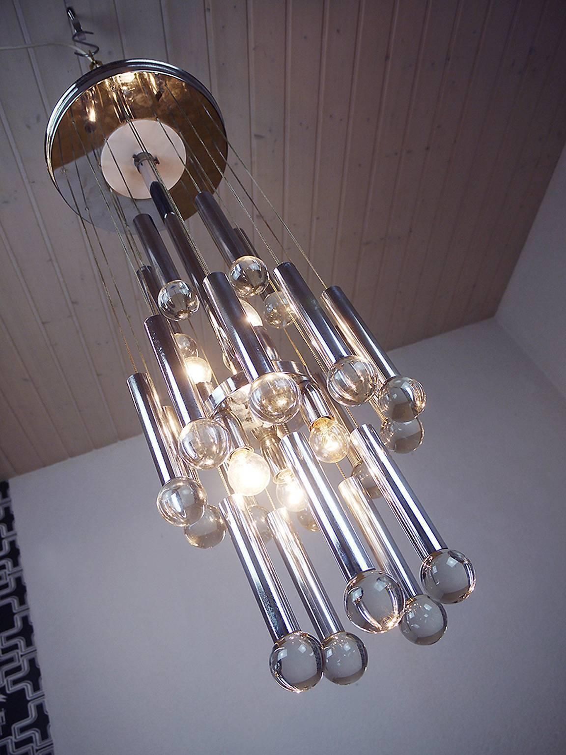 1970 Italy Gaetano Sciolari Sputnik Cascade Chandelier Crystal Balls & Chrome photo Lighting