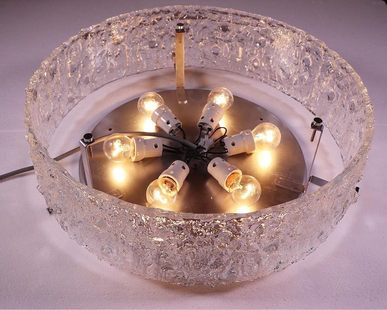 Large 20" Flush Mount Chandelier Iced Murano Glass By Doria, Germany, 1960s photo vinterior
