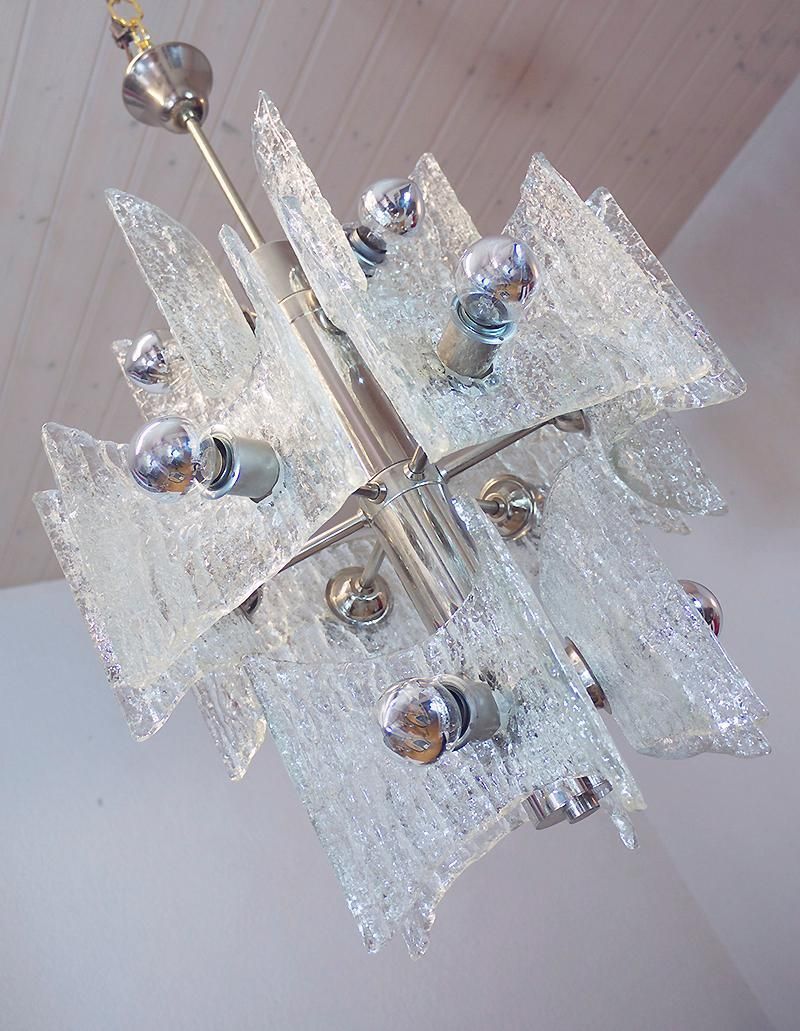 Frosted Murano Chandelier Glass & Chrome By Kaiser, Germany 1960s photo 2312.0