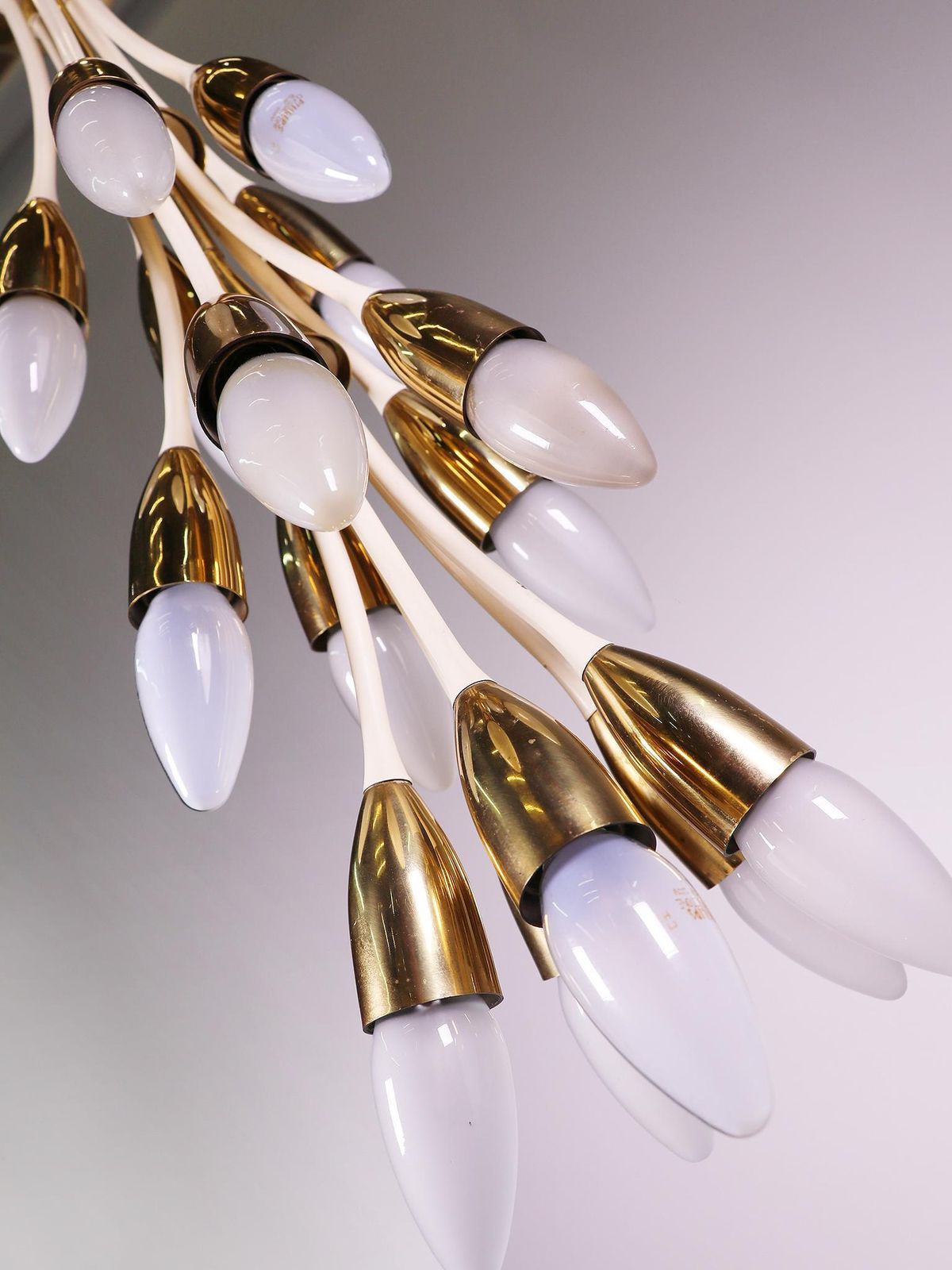 photo furniture 1950s Sputnik Enamel Brass Chandelier By Vereinigte Werkstätten, Munich, Germany