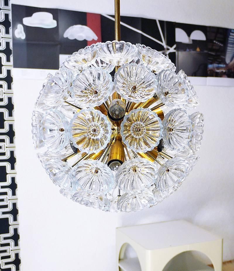 1960 Germany Veb Sputnik 'Dandelion' Chandelier Glass Flowers & Brass photo vintage