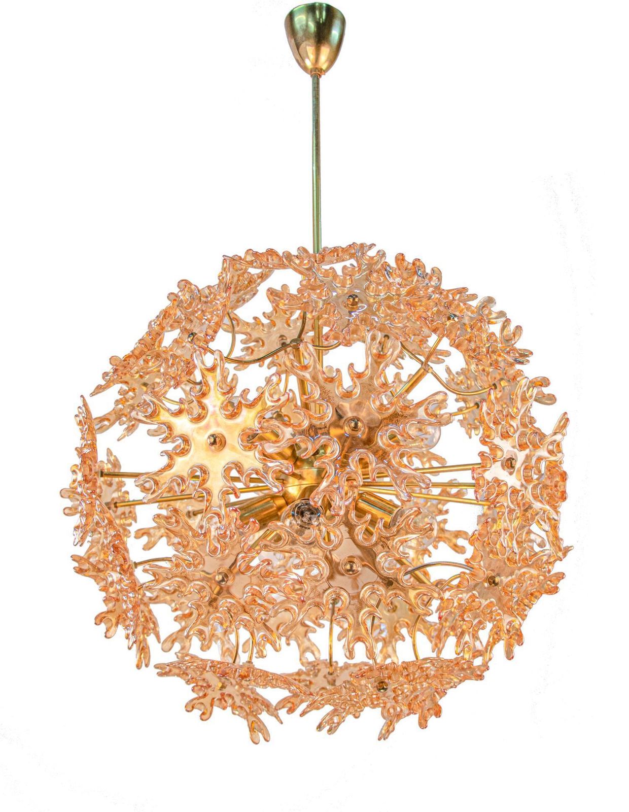 Starburst 22“ Amber Murano Chandelier Iridescent Glass & Brass, Sische 1960s photo for sale