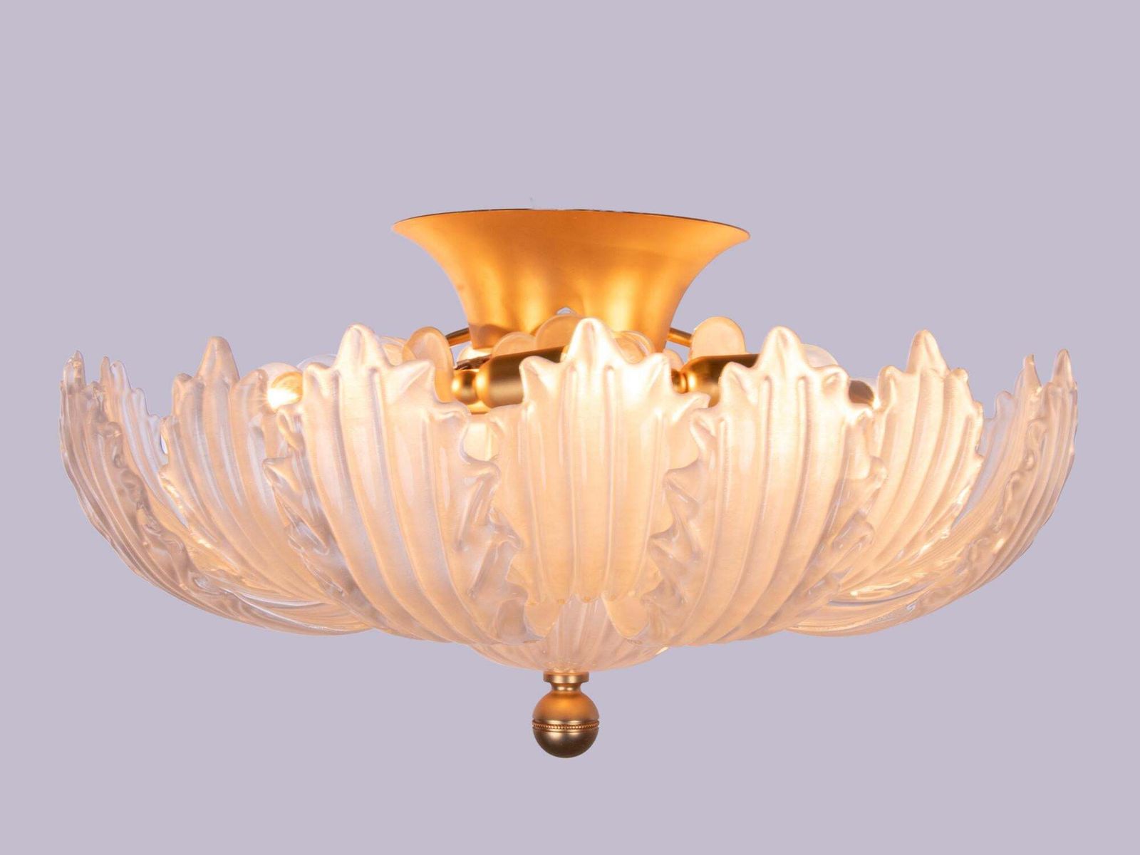 Murano Satin 25.6" Flush Mount Glass & Brass Chandelier, Barovier & Toso, Italy photo for sale
