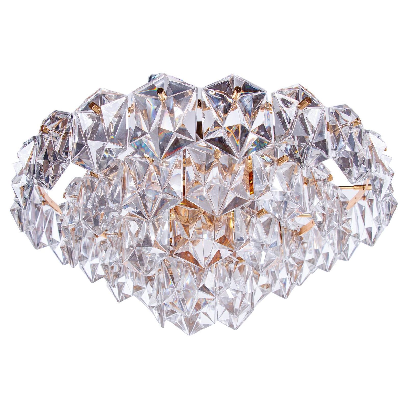 1970 Germany Kinkeldey Flush Mount Crystal & Gilt Brass Chandelier