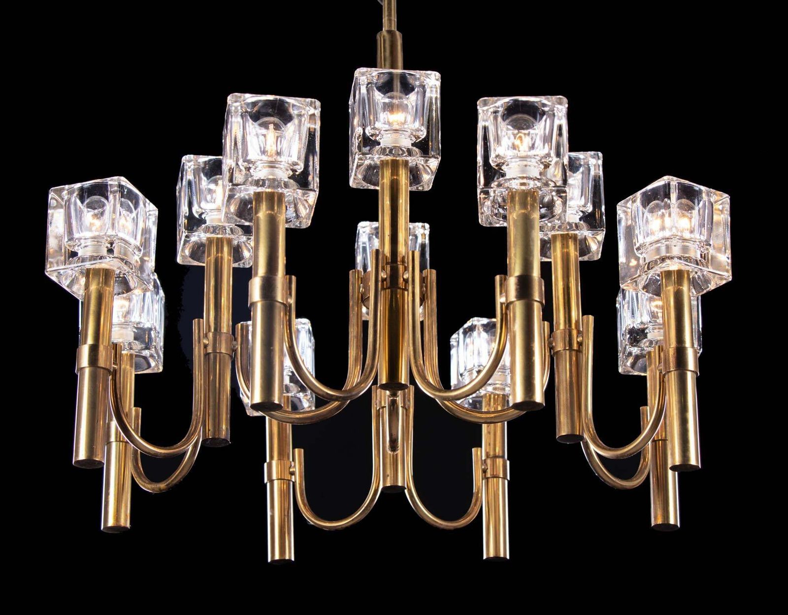1970s Italy Sciolari Modernist Chandelier Twelve Cubist Glass & Brass photo for sale