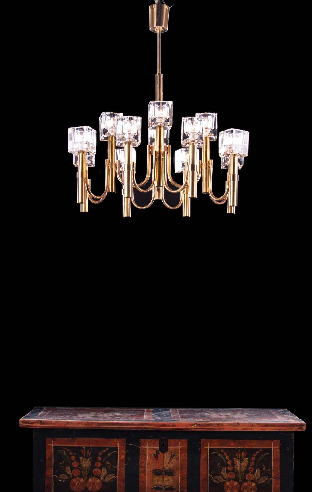 1970s Italy Sciolari Modernist Chandelier Twelve Cubist Glass & Brass photo Lighting
