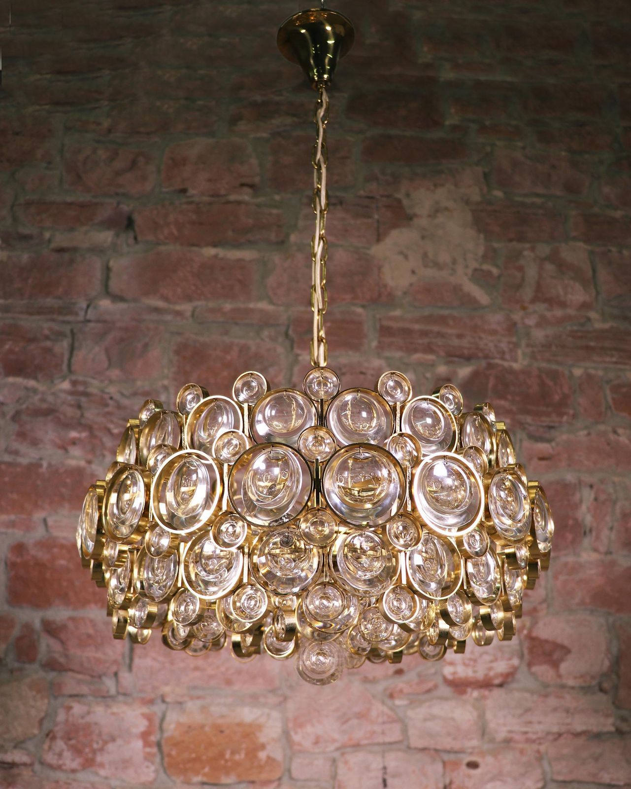 photo for sale 1960s Germany Palwa Bubbles Chandelier Crystal & Gilt Brass By Gaetano Sciolari