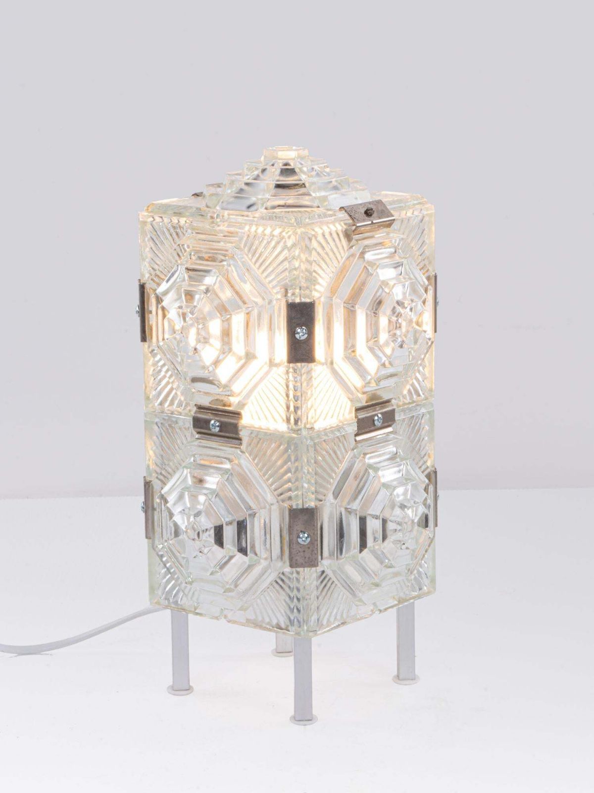 Bohemian Cubist Table Lamp Glass & Chrome By Kamenicky Senov, 1980s photo for sale