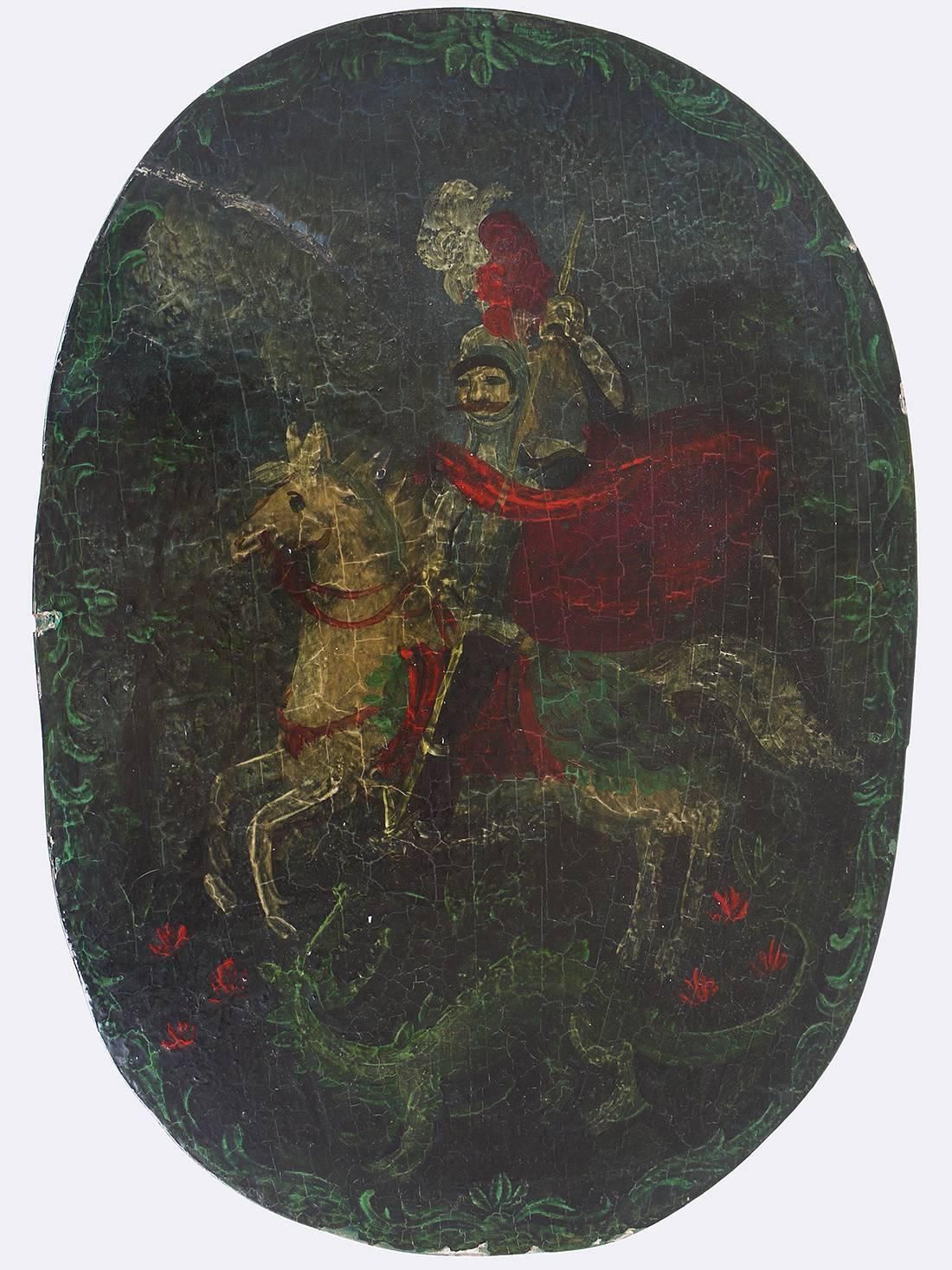European 19th Century Painted Wooden Oval Box 'Saint George & The Dragon' photo furniture