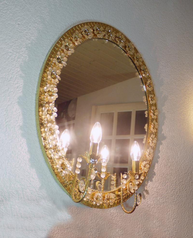 Illuminated Oval Mirror Crystal & Gilt Brass By Palwa, Germany 1960 photo furniture