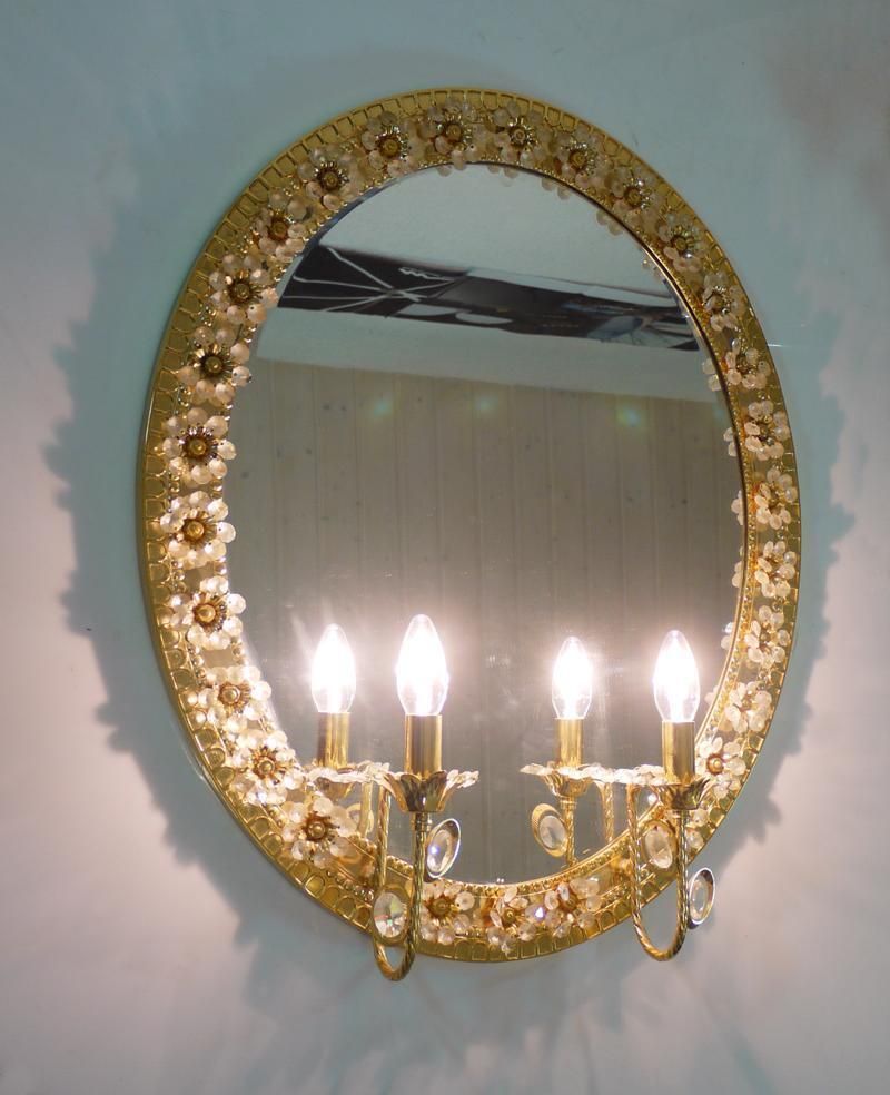 Illuminated Oval Mirror Crystal & Gilt Brass By Palwa, Germany 1960 photo buy