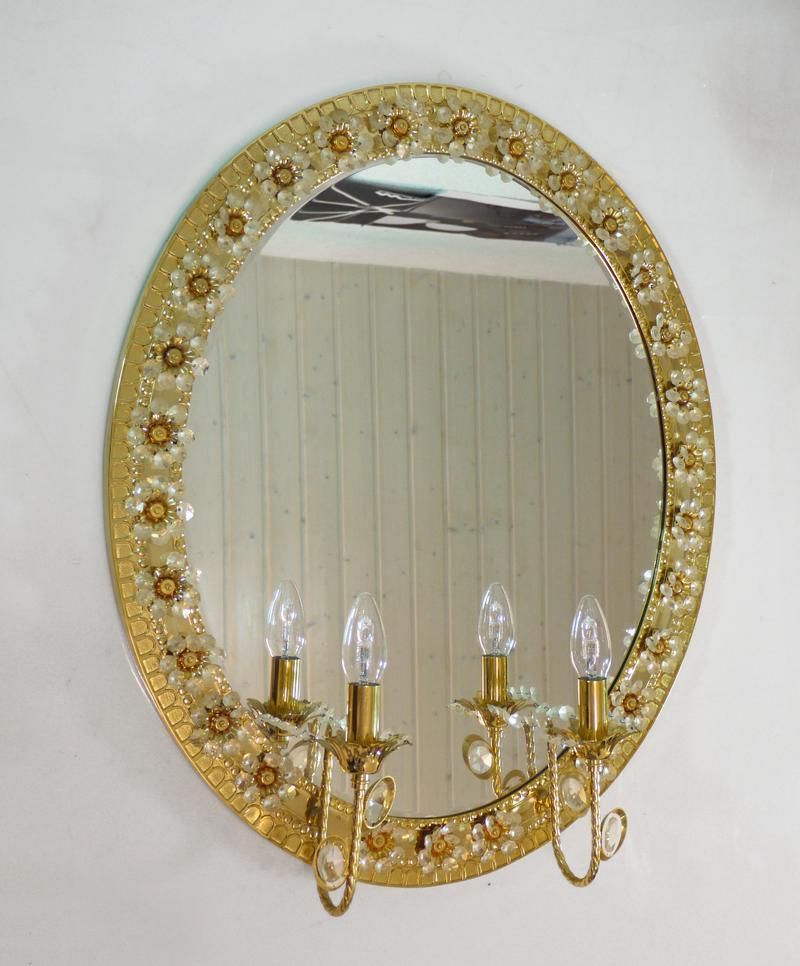 Illuminated Oval Mirror Crystal & Gilt Brass By Palwa, Germany 1960 photo vintage