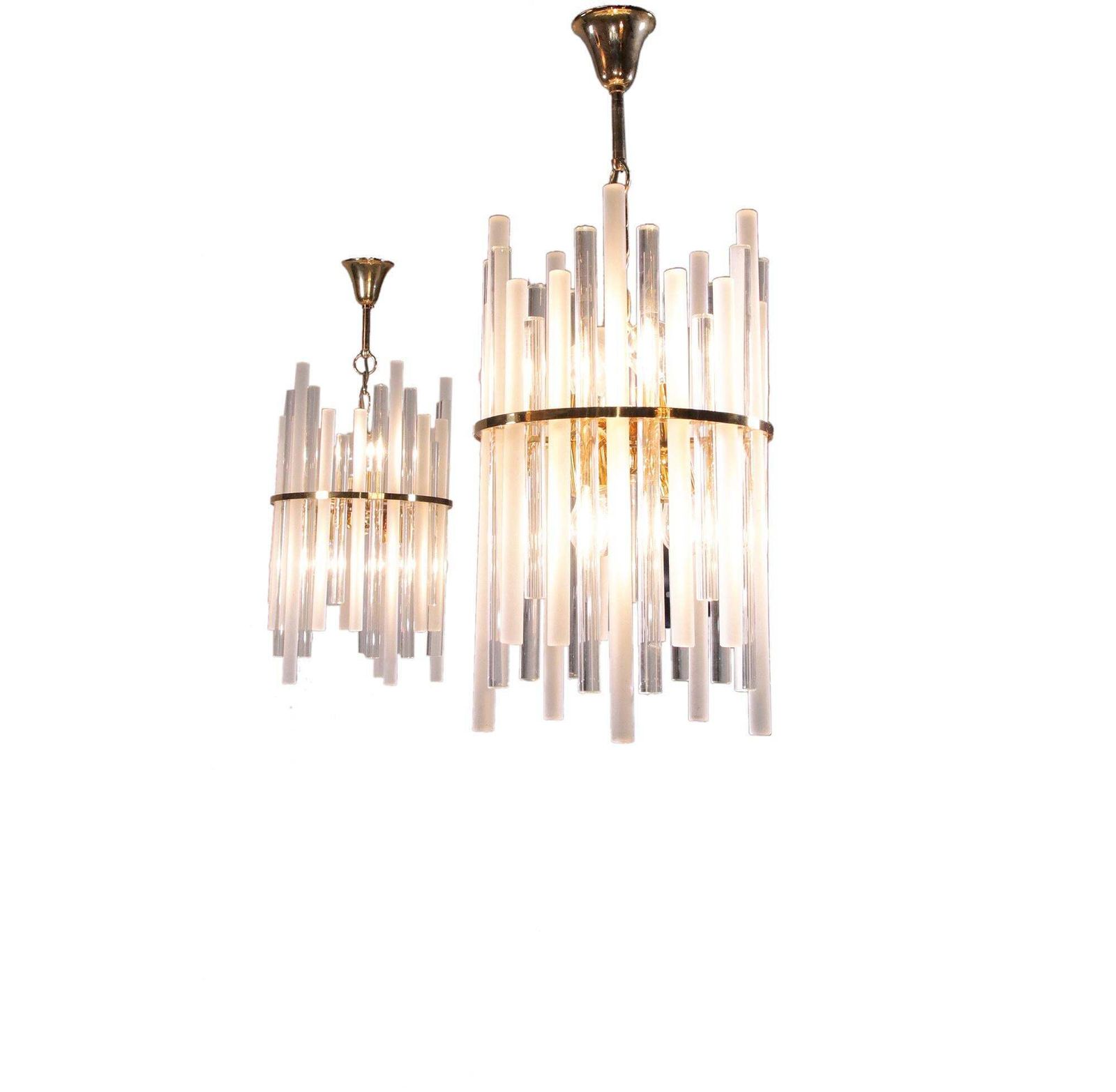photo furniture 1 'Of 2' German Palwa Iced Sticks & Brass Chandelier By Christoph Palme 1960