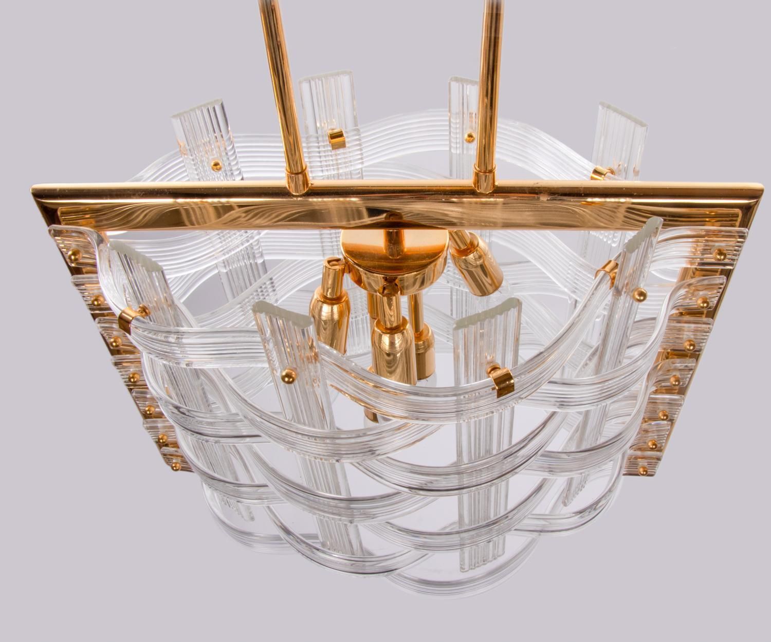 Venini 20" Nastri Chandelier Wave Shaped Murano Glass & Gold Plated Brass, 1970s photo vintage