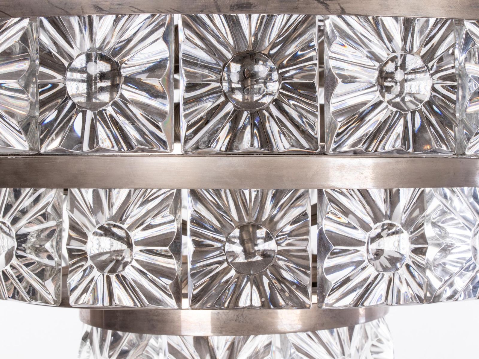 Carl Fagerlund 5 Tier 26" Lens Chandelier Crystal & Nickel, Orrefors Sweden 1960 photo Lighting