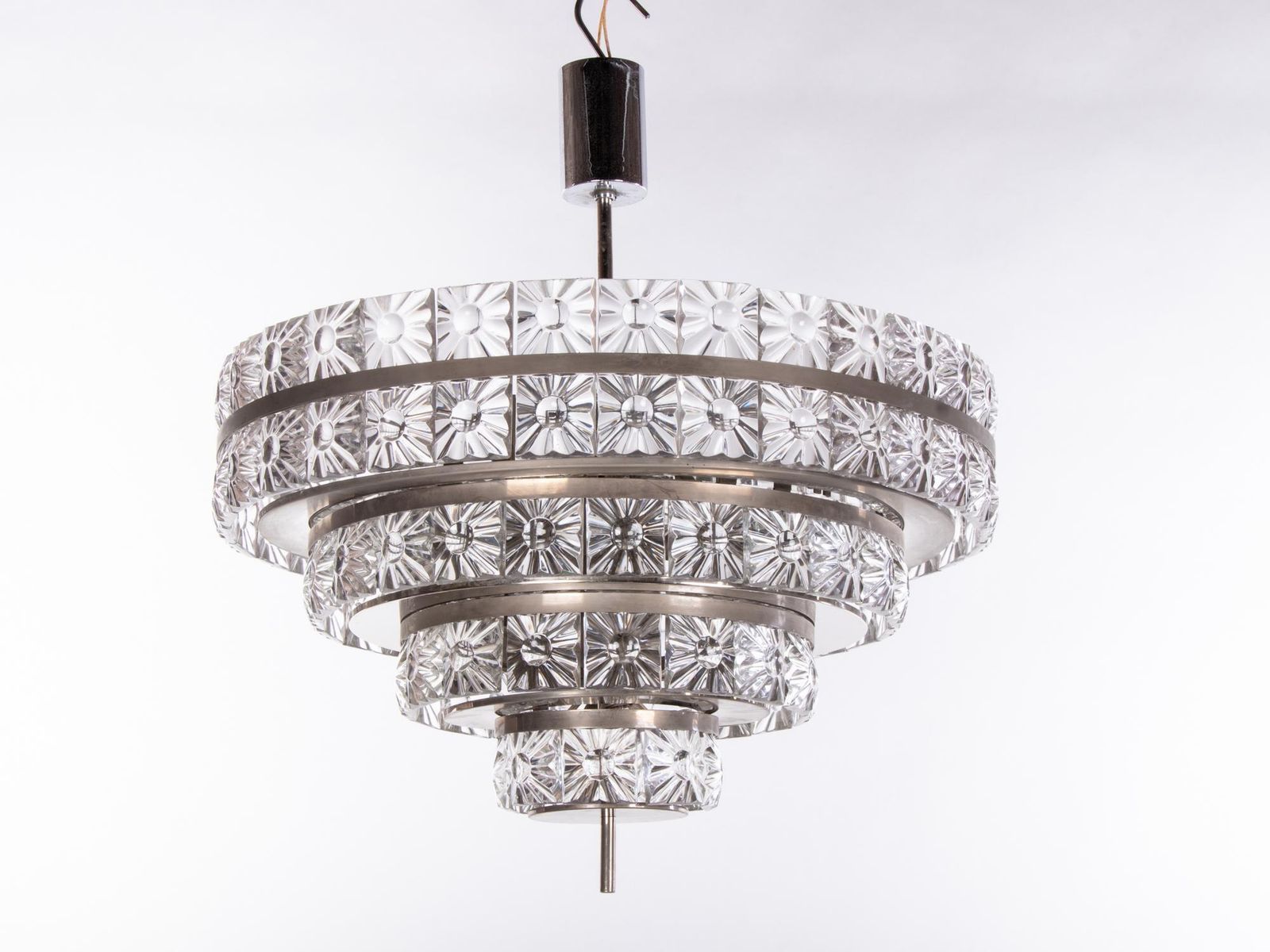 Carl Fagerlund 5 Tier 26" Lens Chandelier Crystal & Nickel, Orrefors Sweden 1960 photo 5992.0