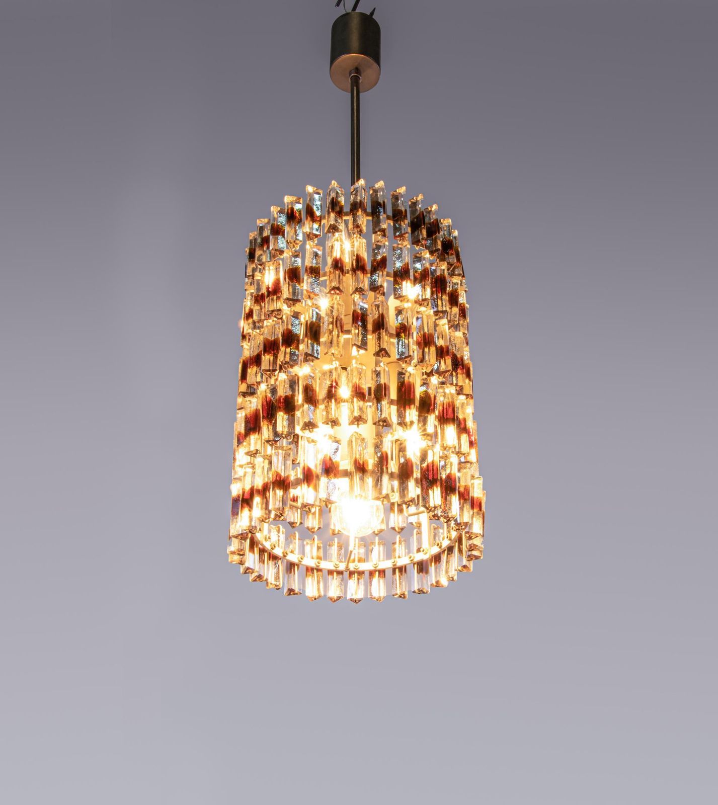 photo for sale 1960 Mid Century Five Tier Chandelier 'Triedi' Amber Murano Glass Prisms