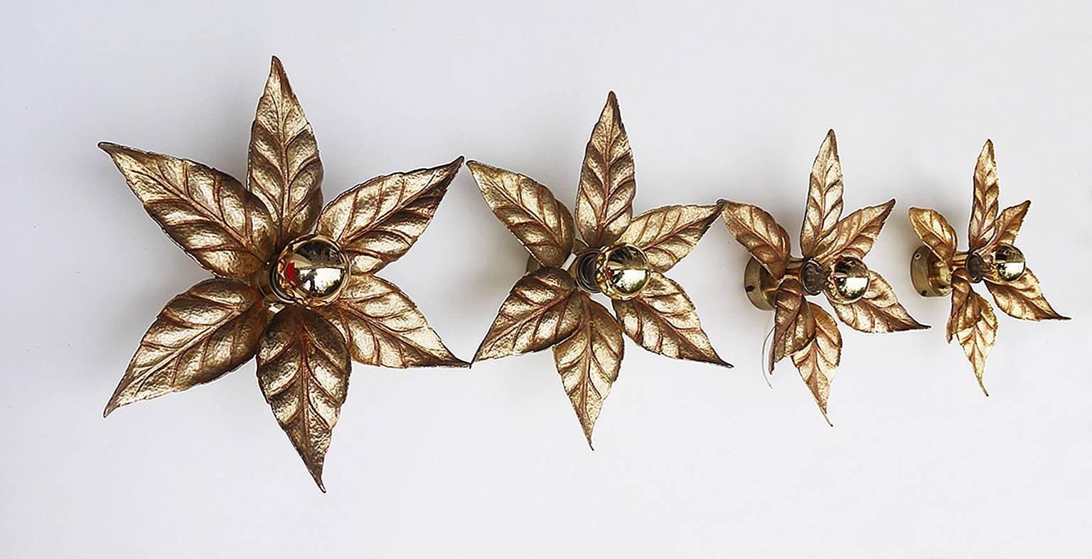 1 (Of 2) Pair Of 1970 Belgium Willy Daro Massive Wall Sconce Brass Leaves photo for sale