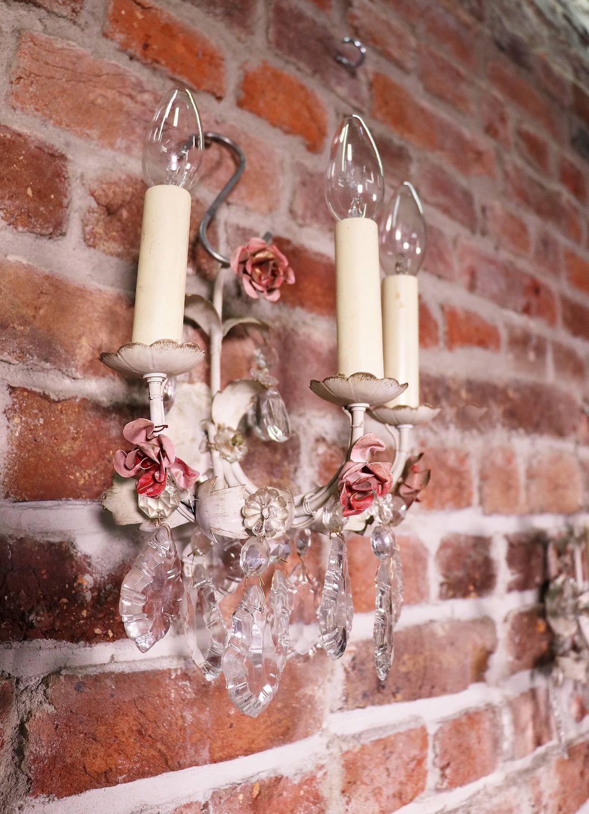 Pair Of Italian Wall Sconces Painted Tole & Crystal, Italy, 1940s photo 1121.0