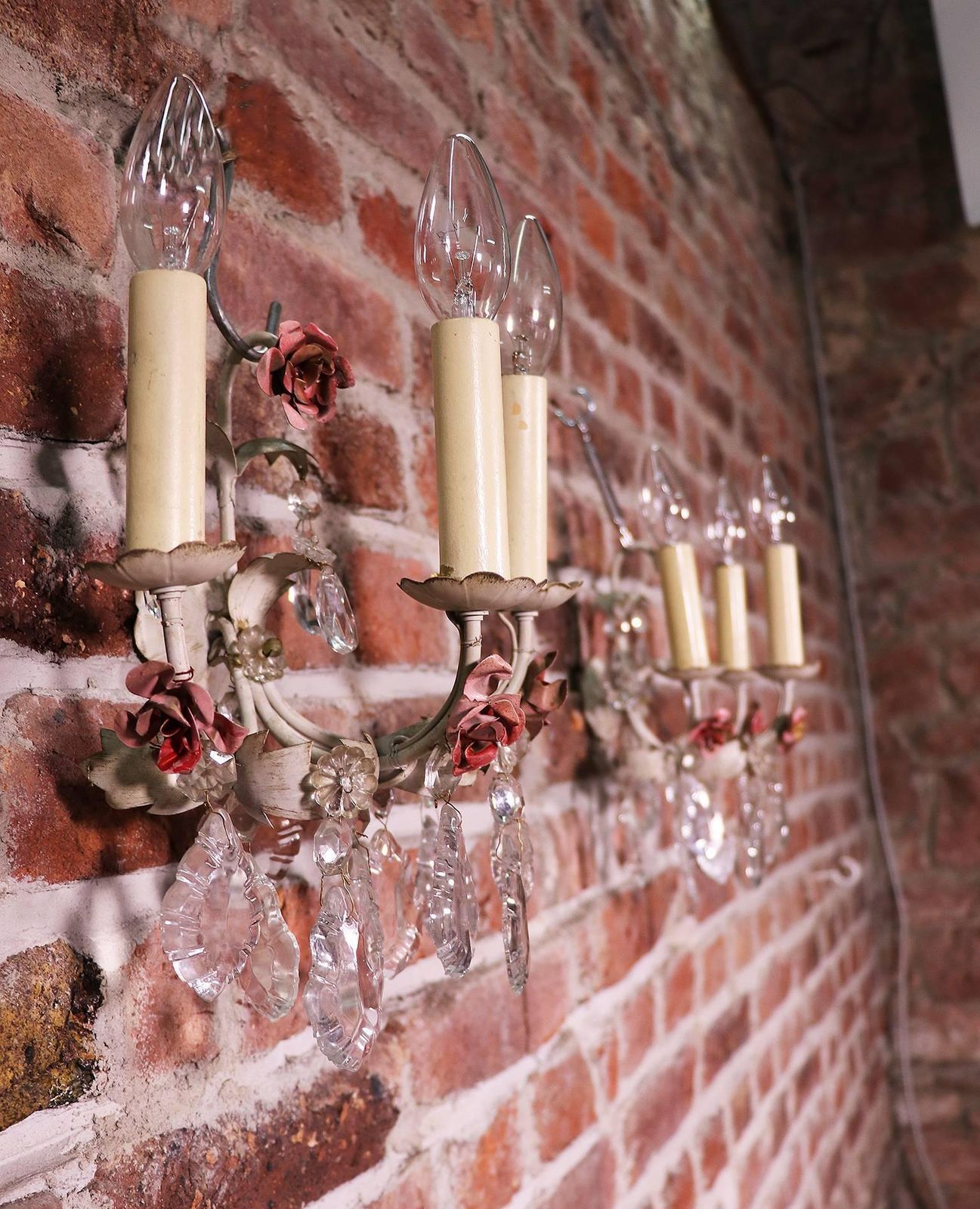 Pair Of Italian Wall Sconces Painted Tole & Crystal, Italy, 1940s photo buy