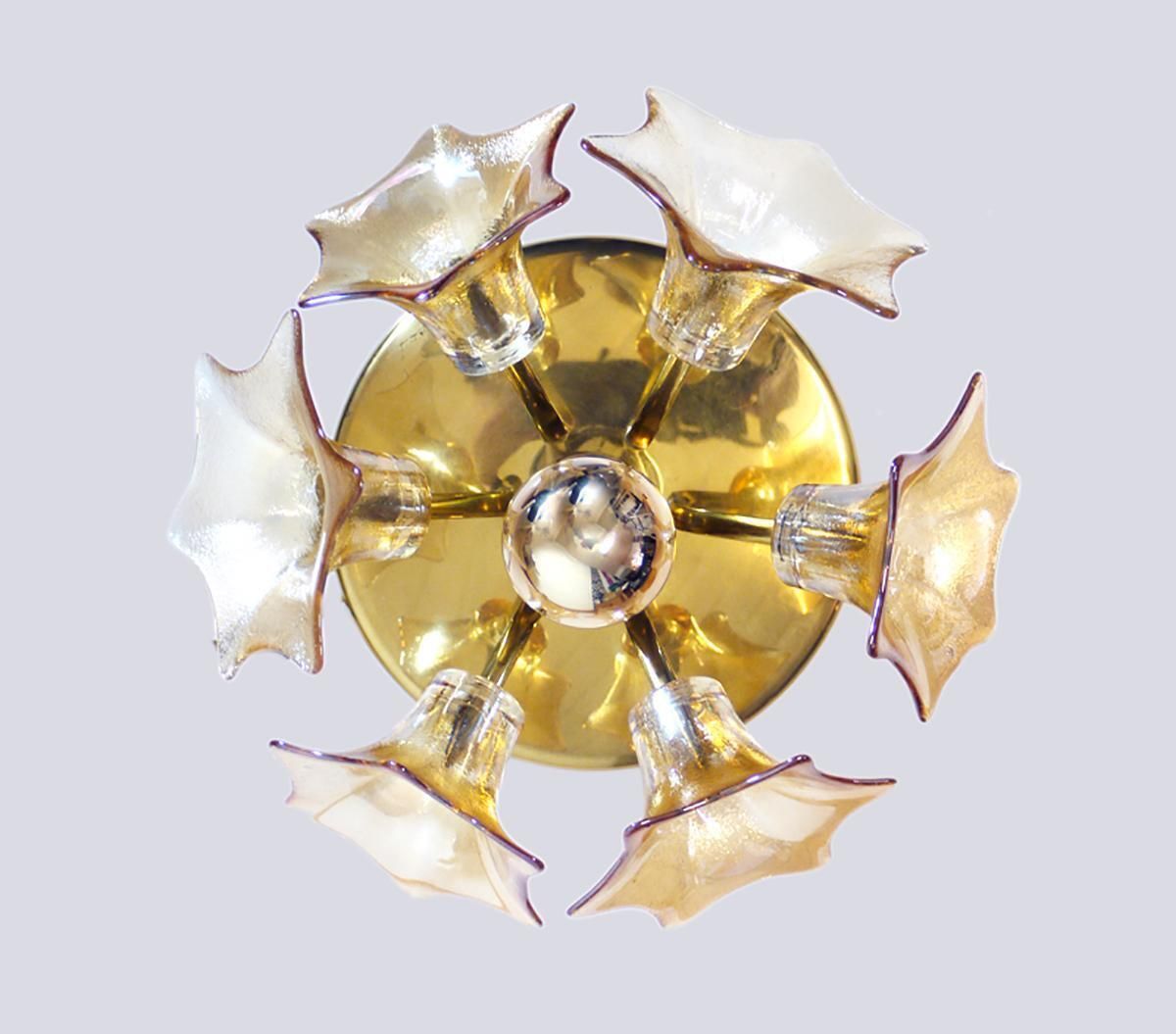Amber Murano Sputnik Flower Flush Mount Iridescent Glass & Brass, Sische 1960 photo furniture
