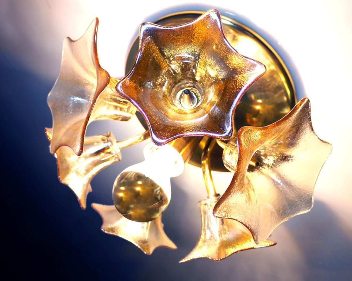 Amber Murano Sputnik Flower Flush Mount Iridescent Glass & Brass, Sische 1960 photo Lighting