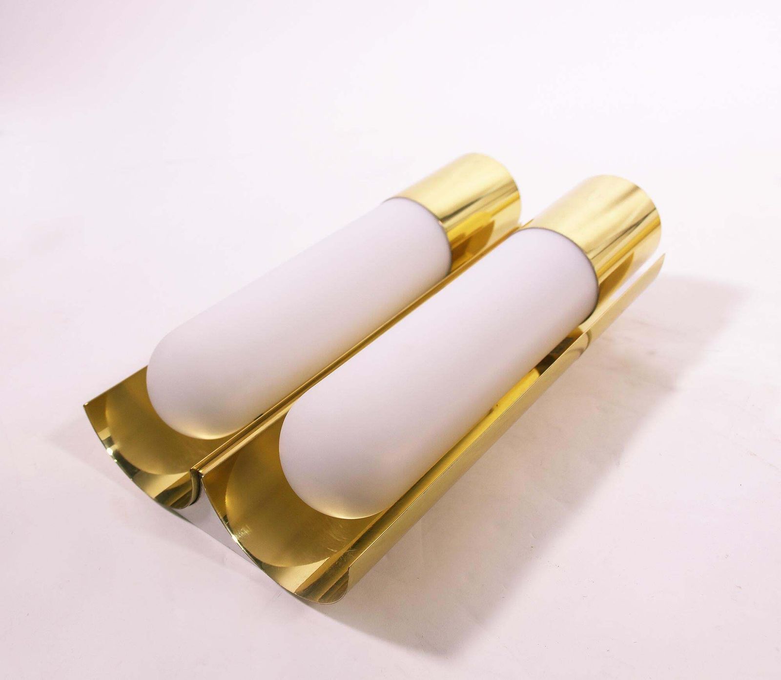 1 (Of 3) Pair Of 1970 Germany Limburg Double Wall Sconces Opaline Glass & Brass photo Lighting