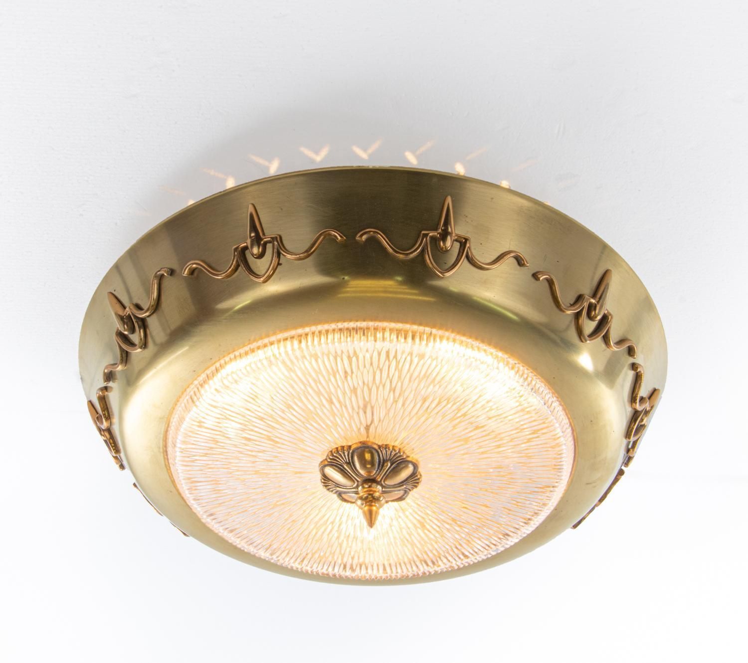 French Art Deco Flush Mount Chandelier Glass & Brass 1930s photo furniture