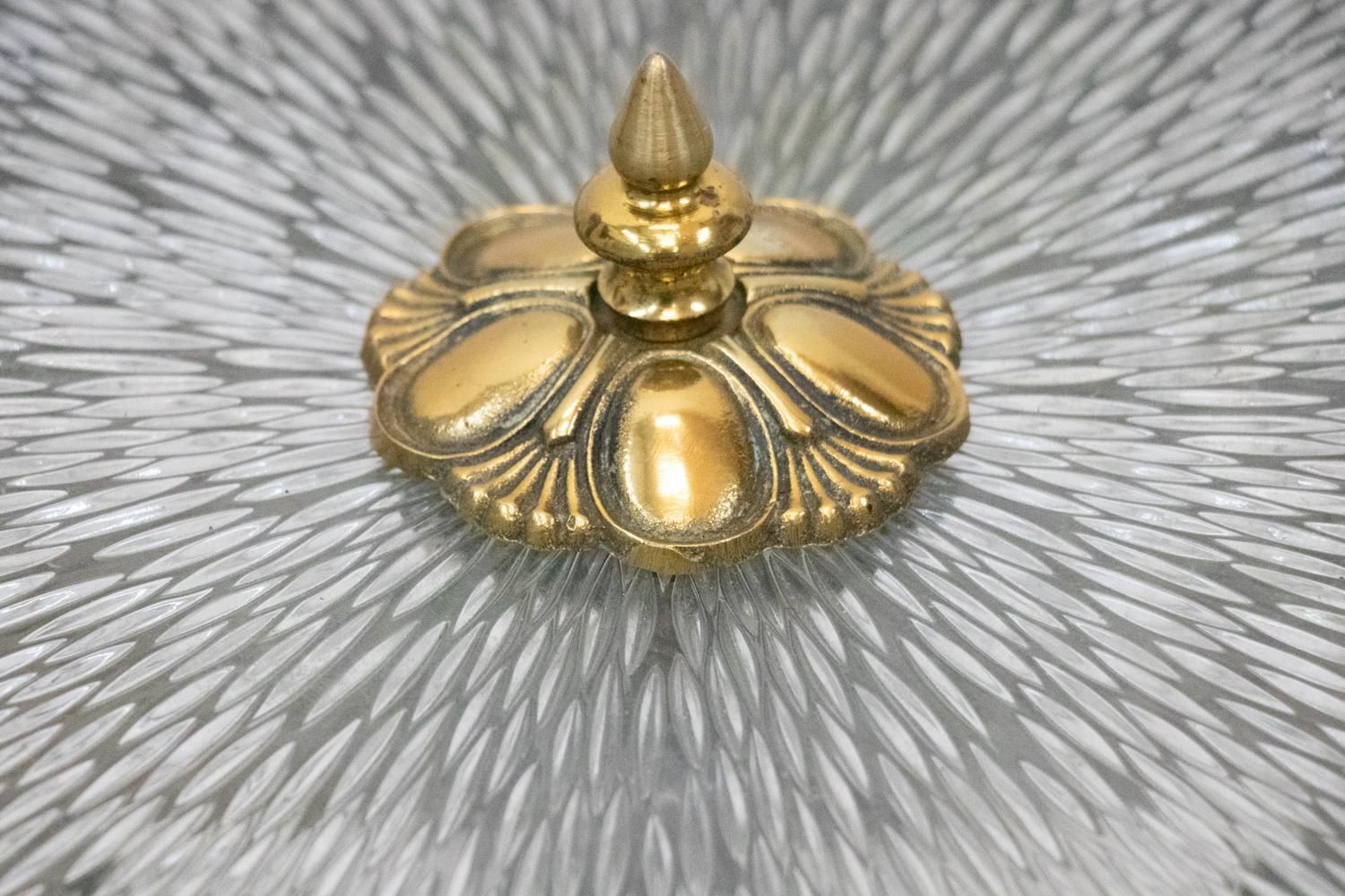 French Art Deco Flush Mount Chandelier Glass & Brass 1930s photo Lighting