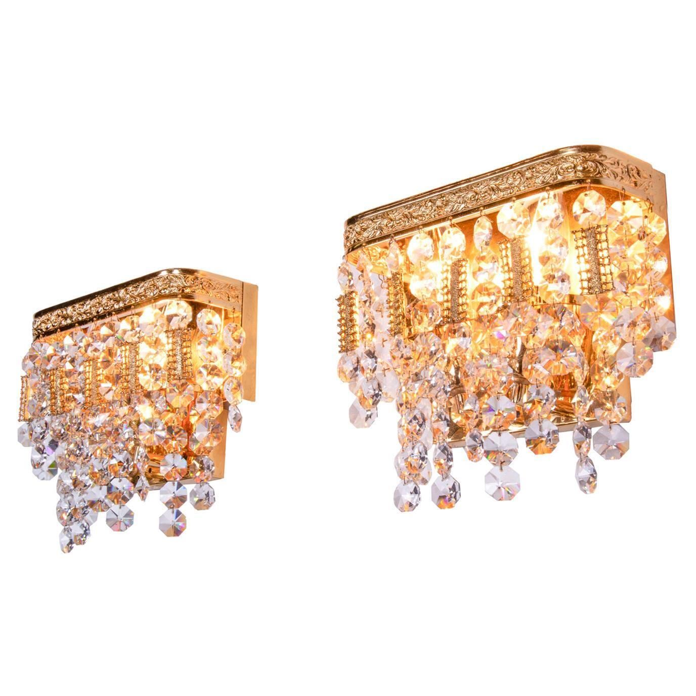 1960 Germany Palwa Glamorous Jewel Wall Sconce Crystal & Gilt Brass, Set Of 2