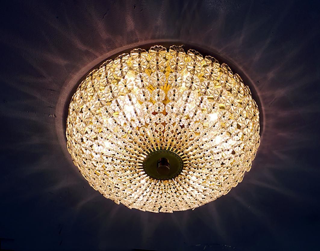 Large Floral Flush Mount Chandelier Crystal & Brass By Emil Stejnar Attr. 1950s photo for sale