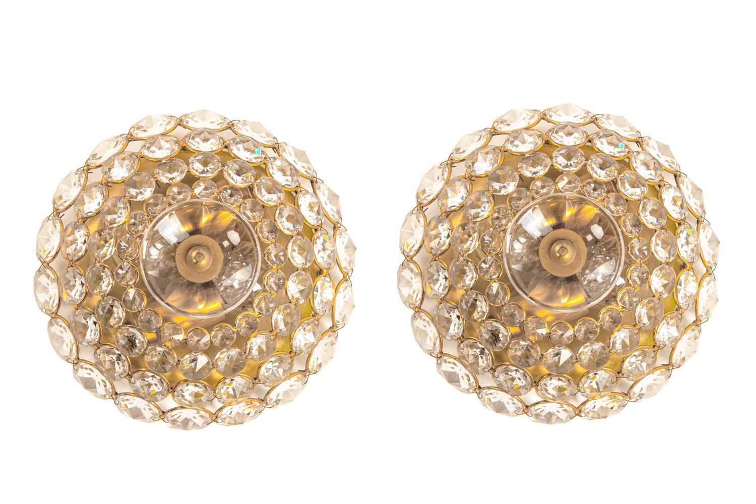 Pair Of Gold Plated Brass And Crystal Glass Wall Lamps Sconces By Palwa, 1960 photo for sale