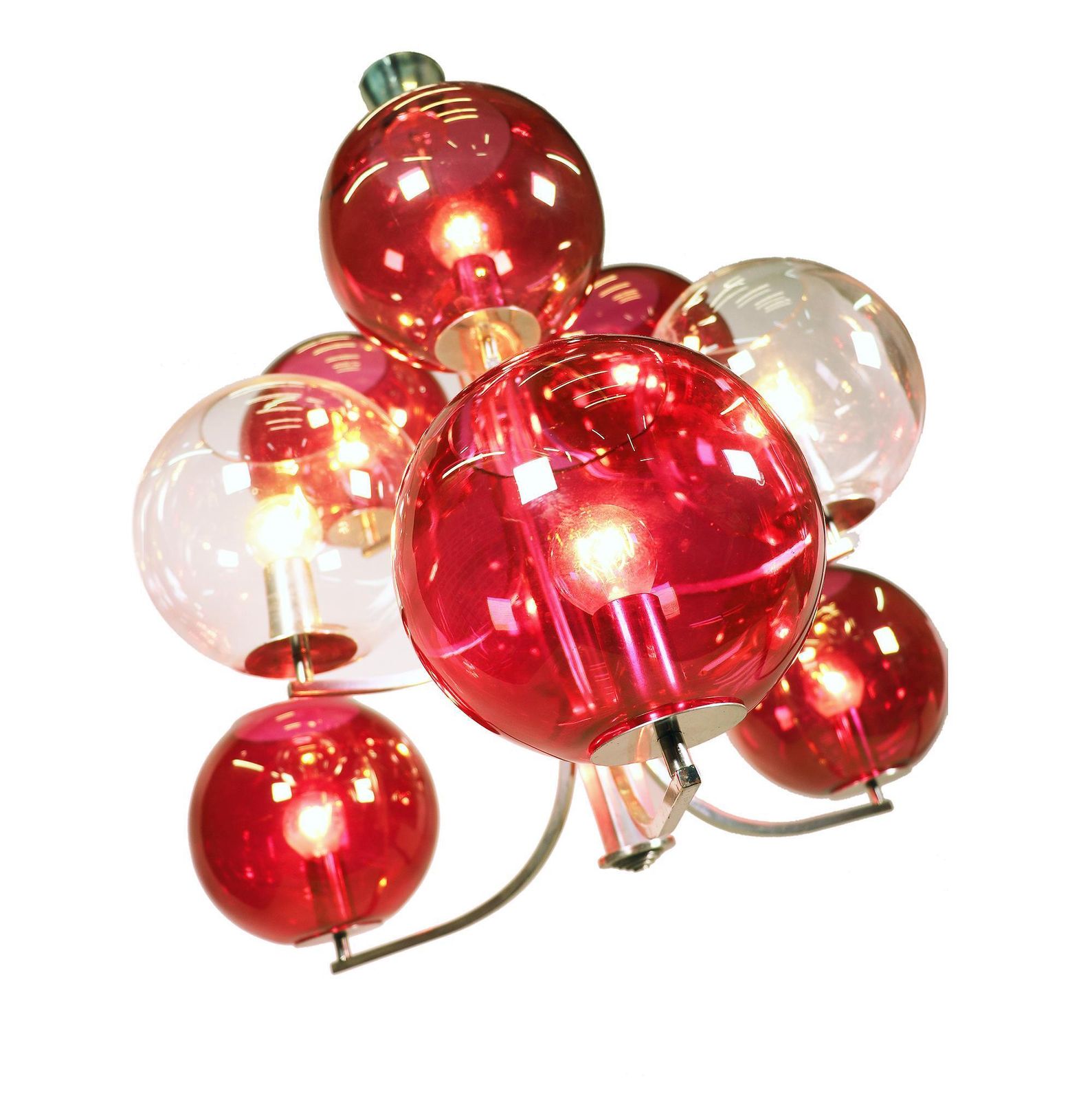 1960 Italy Sputnik Chandelier Cranberry Murano Glass Globes & Silver Plated photo for sale