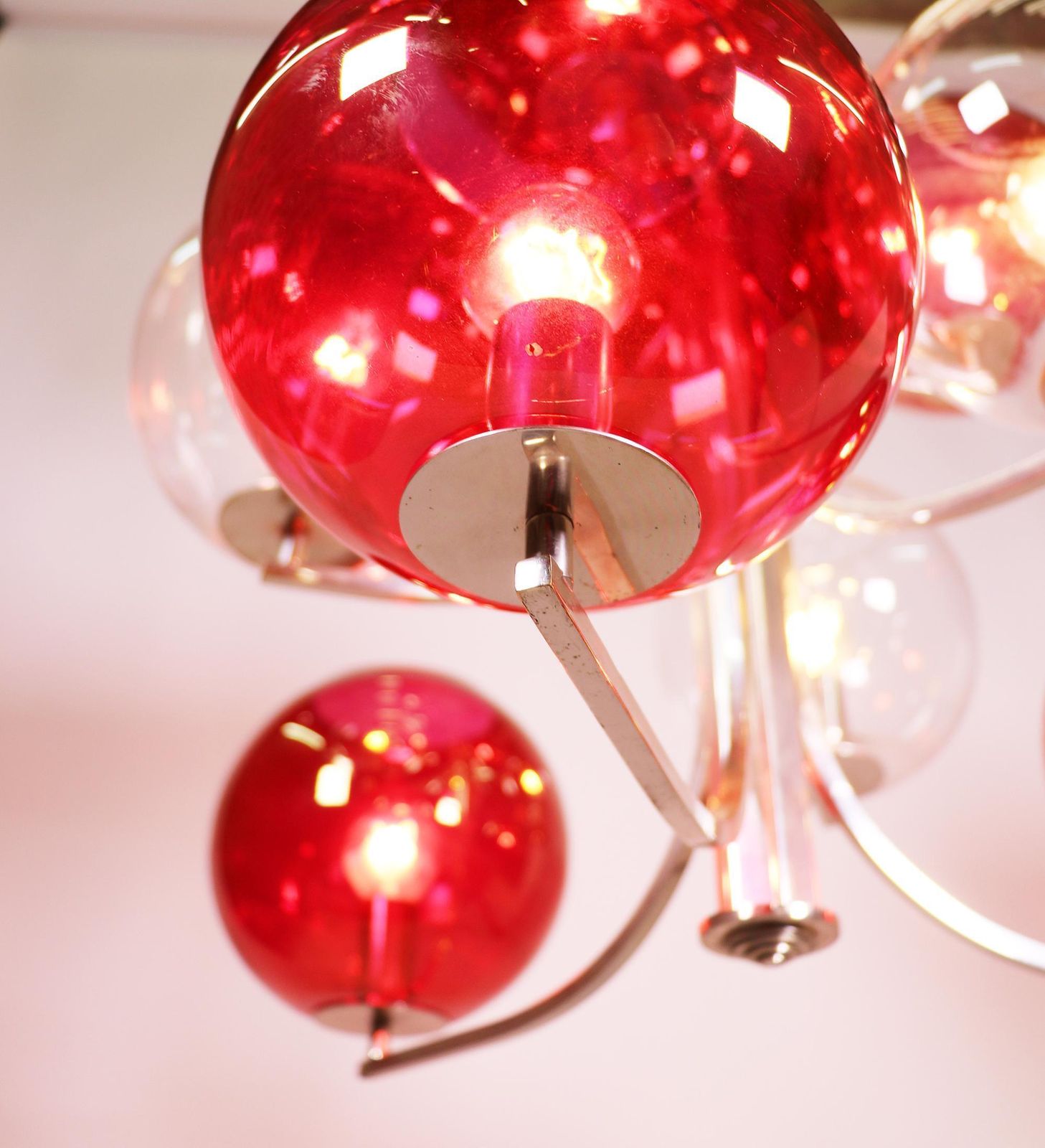 1960 Italy Sputnik Chandelier Cranberry Murano Glass Globes & Silver Plated photo Lighting