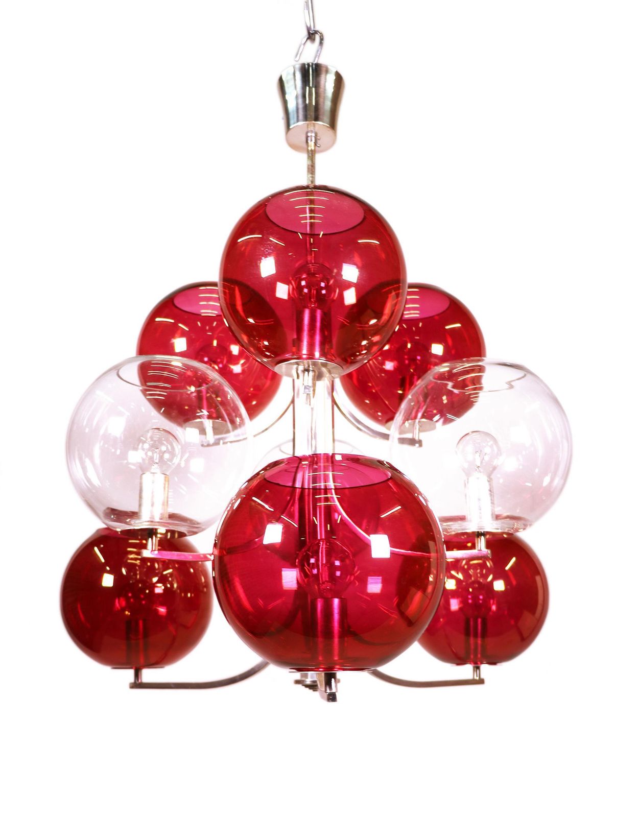 1960 Italy Sputnik Chandelier Cranberry Murano Glass Globes & Silver Plated photo vinterior