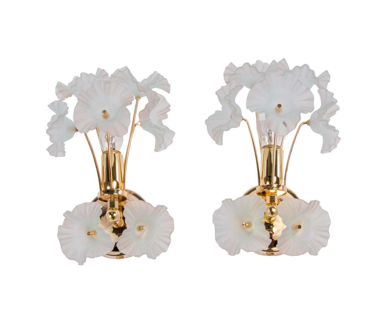1 (Of 2) Pair Of 1970 Italy Hibiscus Brass Wall Sconces Turquoise Glass Flowers photo for sale