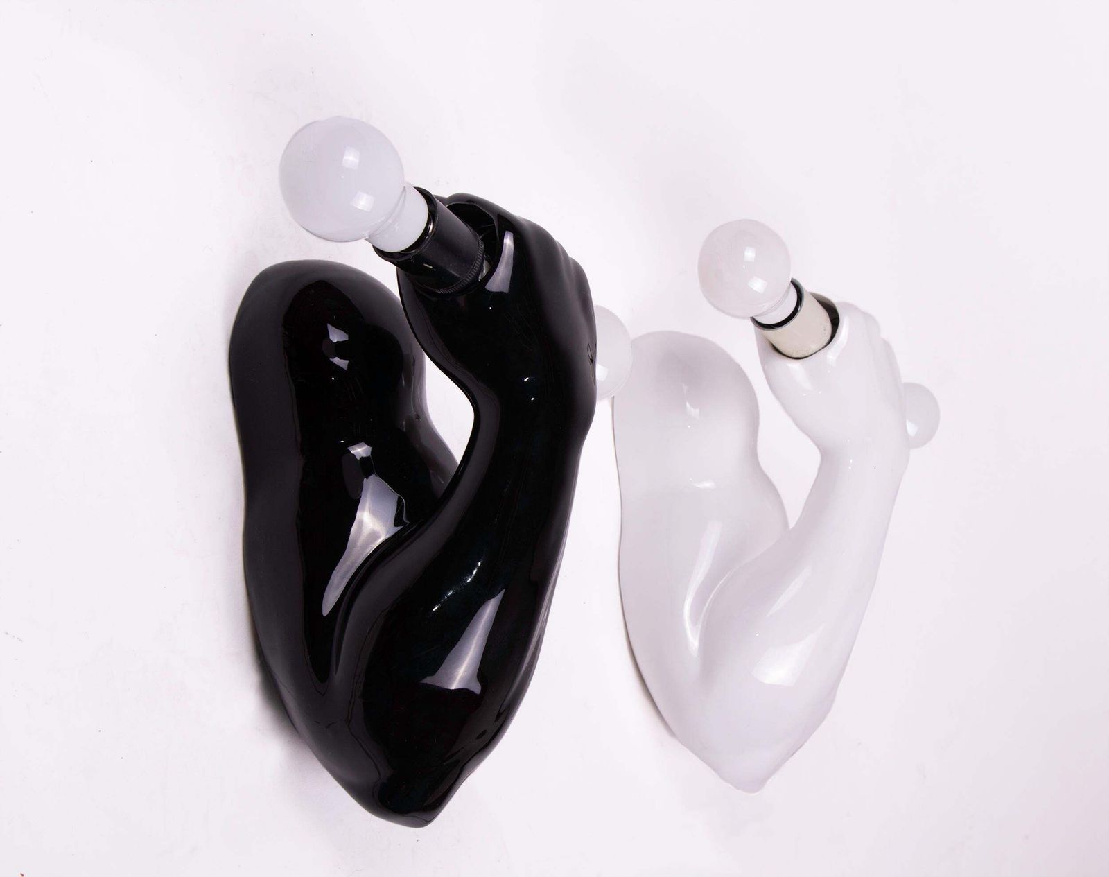 1980 French J.C. Peiré Pair Of Black & White Ceramic Biceps Wall Lights photo Lighting