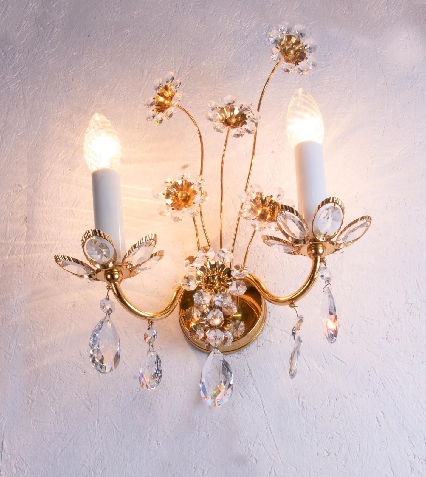 Pair Of Flourish Jewel Wall Sconces Crystal & Gilt Brass By Palwa, Germany 1960s photo furniture