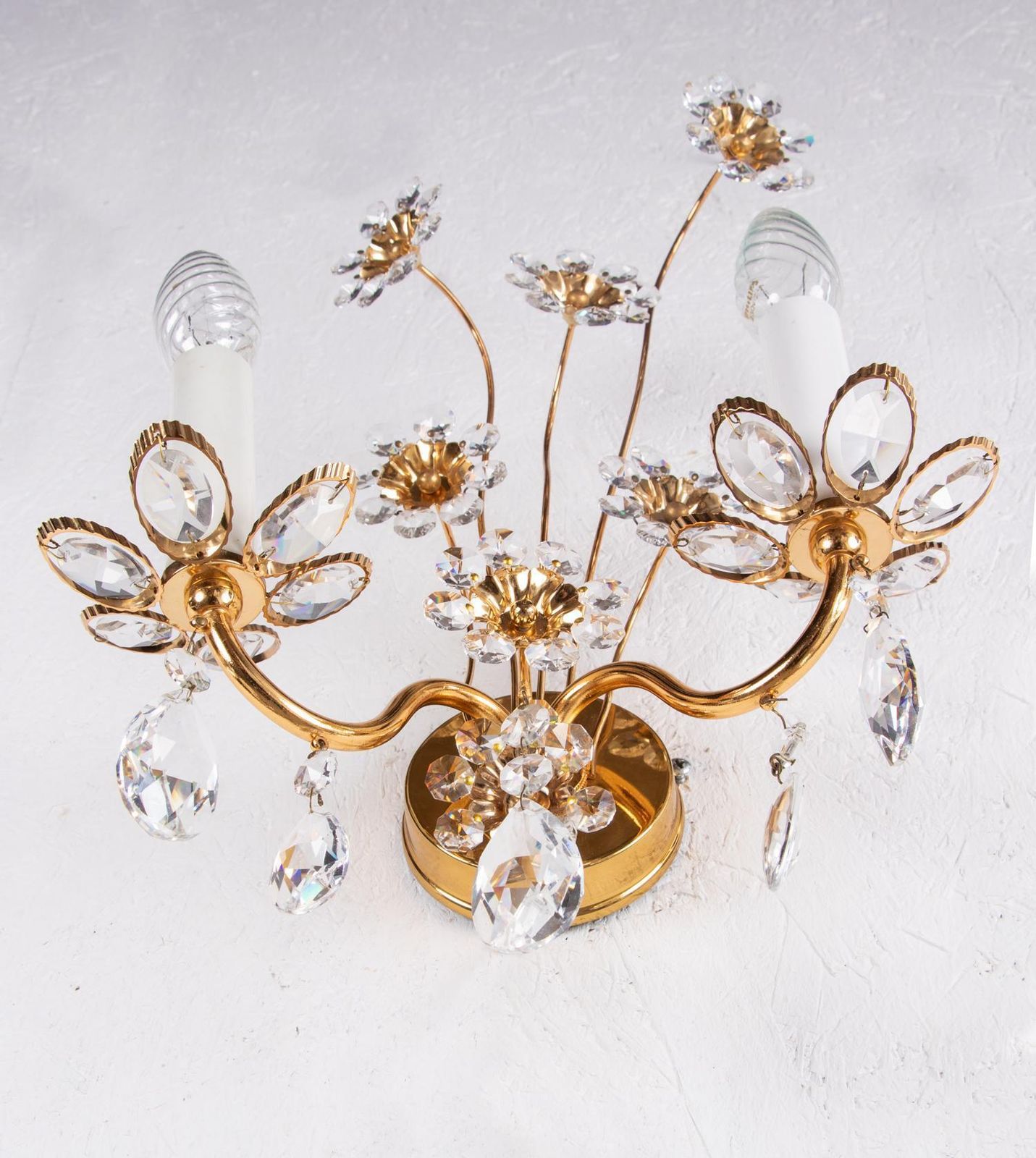 Pair Of Flourish Jewel Wall Sconces Crystal & Gilt Brass By Palwa, Germany 1960s photo vinterior
