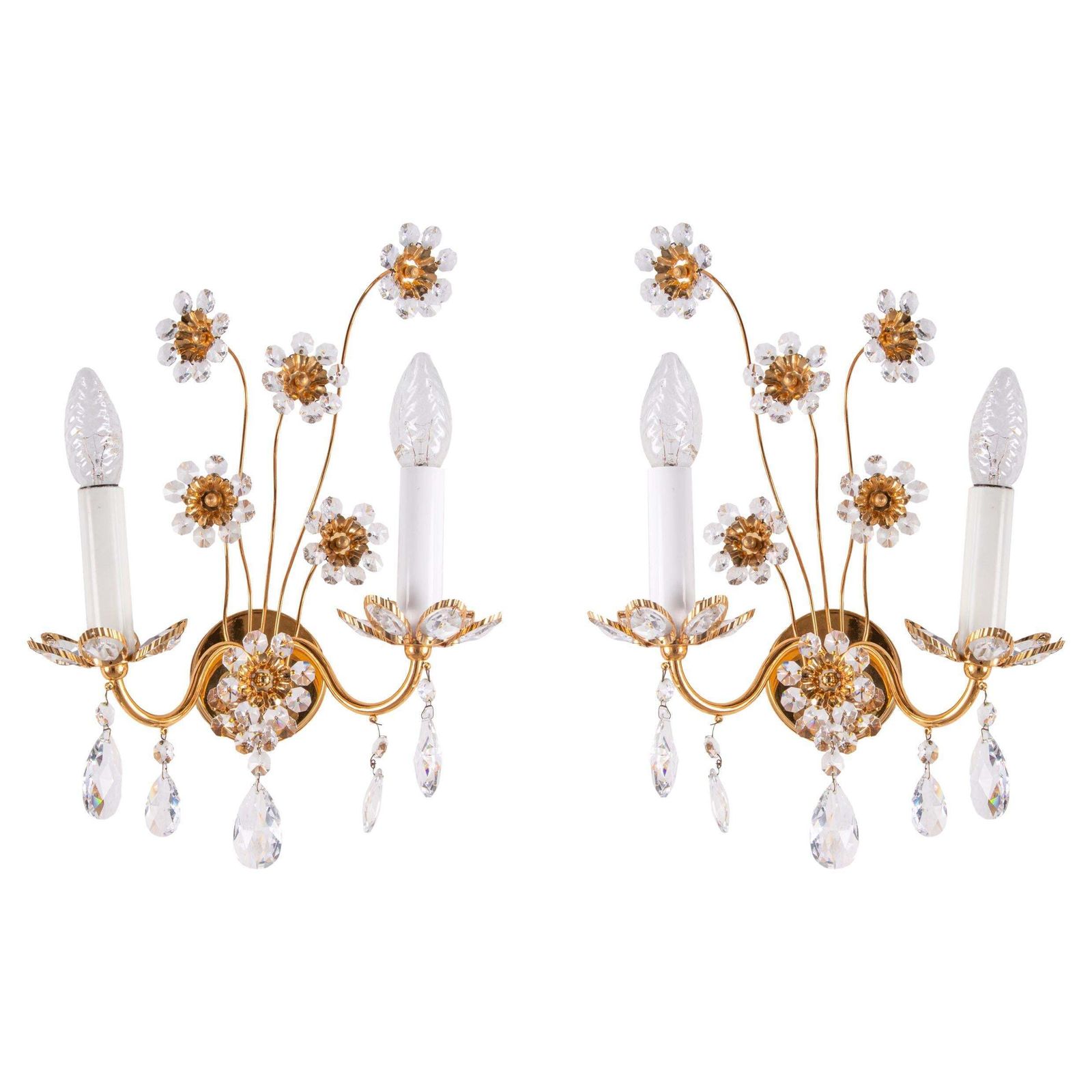 Pair Of Flourish Jewel Wall Sconces Crystal & Gilt Brass By Palwa, Germany 1960s photo buy