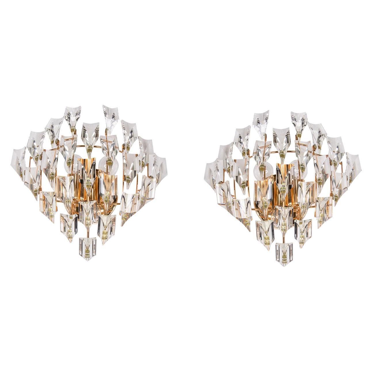 Pair Of Crystal & Gold Plated Wall Lights By Oscar Torlasco For Stilkronen 1970s