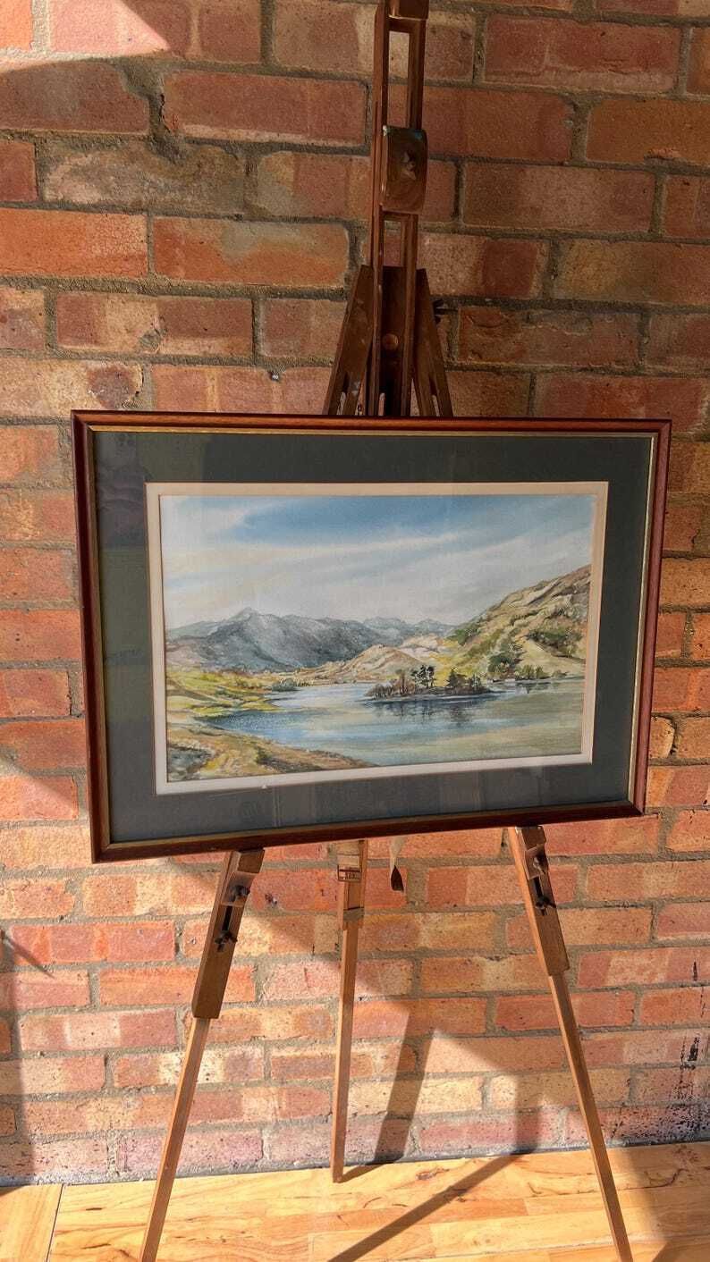 Framed Mid Century Watercolour Painting – Tranquil Lake & Mountain Landscape