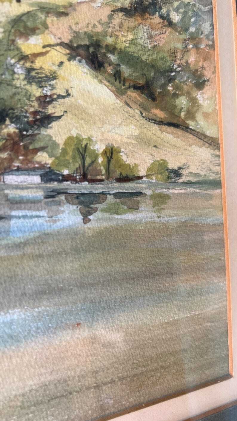 Framed Mid Century Watercolour Painting – Tranquil Lake & Mountain Landscape photo vintage